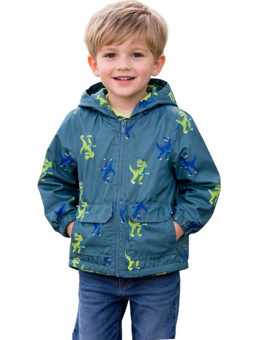 Carter's  Boys Teal  Windbreaker with Blue & Neon Green Dino Print - Size 4T